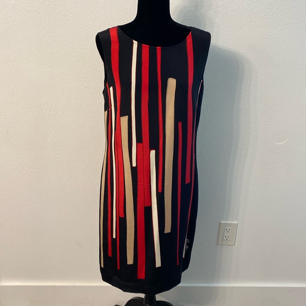 100% Silk Black Red White Tan Anne Klein Front Sheath Dress Size 12 (2 flaws)